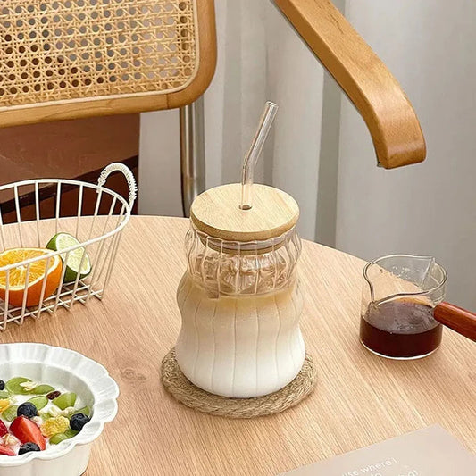GLASS CUP WITH WOODEN LID & STRAW - image 1