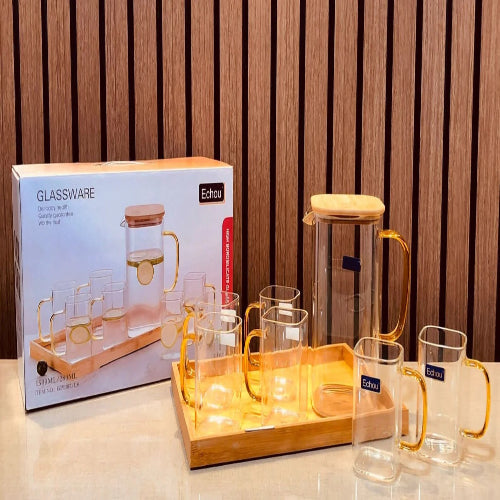 8Pcs Glass Pitcher Set with Wooden Lid & Tray - image 1