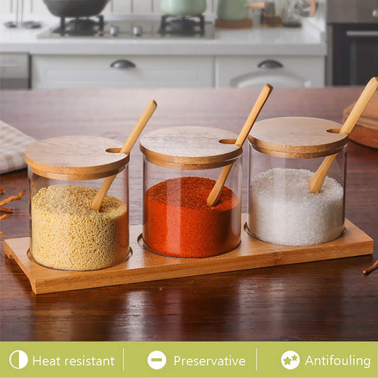 Luxurious Glass Spice Jar Set with Spoons, Wooden Lids, and Display Tray (Set of 3) - image 1